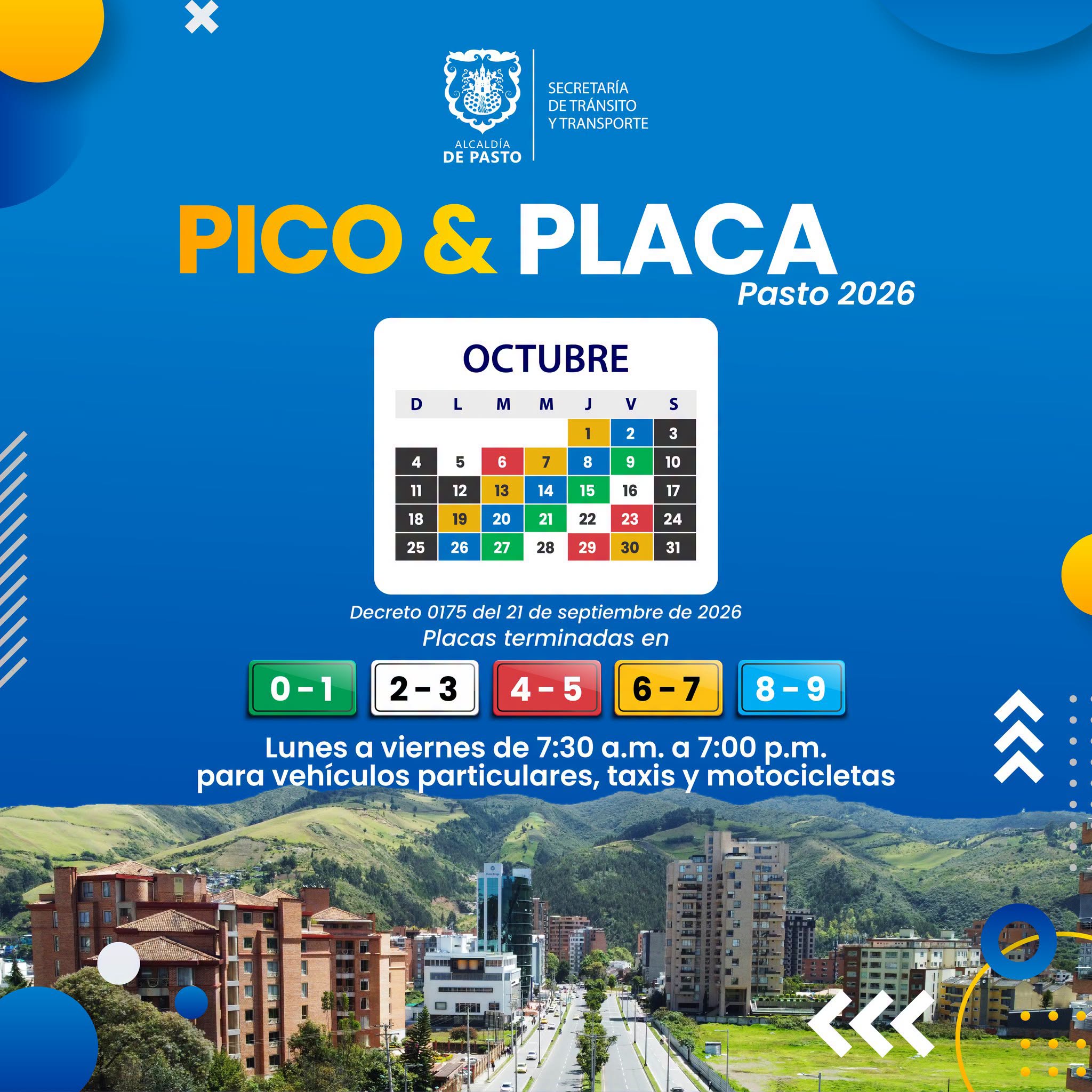 PICO Y PLACA PASTO  OCTUBRE 2026
